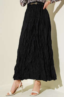 Pazarium - Kırışık Pileli Etek Siyah