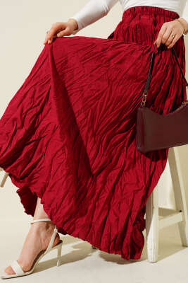 Pazarium - Kırışık Pileli Etek Bordo