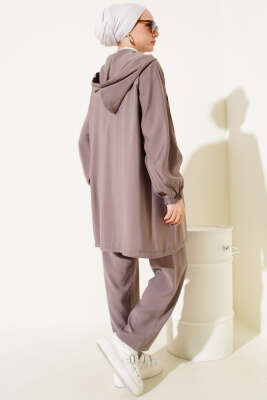 Yaka Taşlı Kapüşonlu Tensel İkili Takım Vizon - Thumbnail