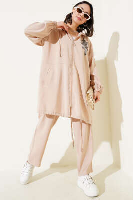 Pazarium - Yaka Taşlı Kapüşonlu Tensel İkili Takım Taş