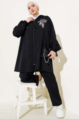 Yaka Taşlı Kapüşonlu Tensel İkili Takım Siyah - Thumbnail