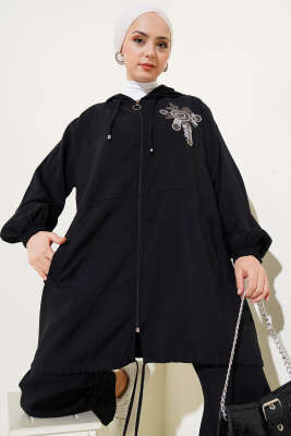 Yaka Taşlı Kapüşonlu Tensel İkili Takım Siyah - Thumbnail