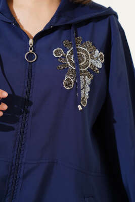 Yaka Taşlı Kapüşonlu Tensel İkili Takım Lacivert - Thumbnail