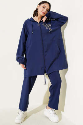 Yaka Taşlı Kapüşonlu Tensel İkili Takım Lacivert - Thumbnail