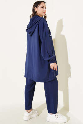 Yaka Taşlı Kapüşonlu Tensel İkili Takım Lacivert - Thumbnail