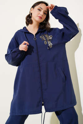 Yaka Taşlı Kapüşonlu Tensel İkili Takım Lacivert - Thumbnail