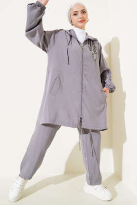 Yaka Taşlı Kapüşonlu Tensel İkili Takım Gri - Thumbnail