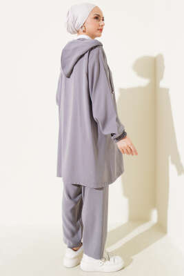 Yaka Taşlı Kapüşonlu Tensel İkili Takım Gri - Thumbnail