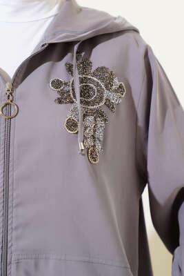 Yaka Taşlı Kapüşonlu Tensel İkili Takım Gri - Thumbnail