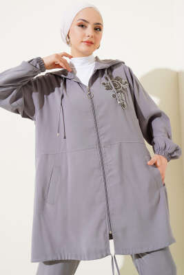 Yaka Taşlı Kapüşonlu Tensel İkili Takım Gri - Thumbnail