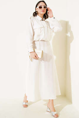 Pazarium - Çift Cepli Fermuarlı Etekli İkili Takım Ekru