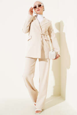 Pazarium - Yandan İp Bağlamalı Ceket İkili Takım Bej