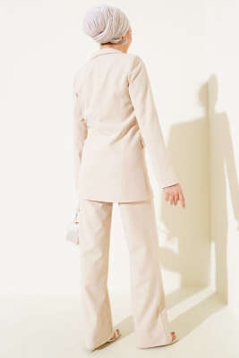 Yandan İp Bağlamalı Ceket İkili Takım Bej - Thumbnail