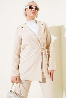 Yandan İp Bağlamalı Ceket İkili Takım Bej - Thumbnail