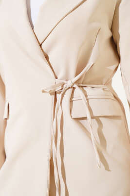 Yandan İp Bağlamalı Ceket İkili Takım Bej - Thumbnail