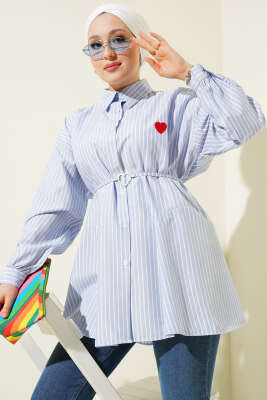 Pazarium - Çizgili Kalp İp Bağcıklı Gömlek Buz Mavisi