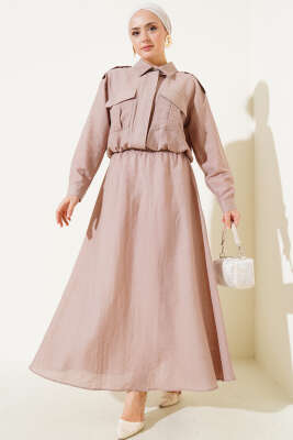 Pazarium - Çift Cepli Fermuarlı Etekli İkili Takım Latte