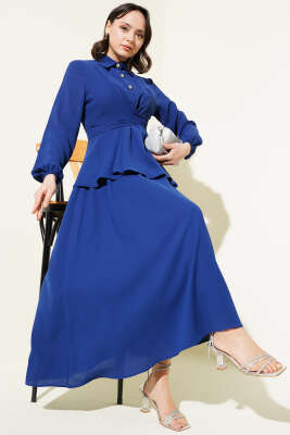 Pazarium - Önü Bağlamalı Gömlek Yaka Etekli İkili Takım İndigo