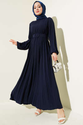 Pazarium - Piliseli Kemerli Ayrobin Elbise Lacivert