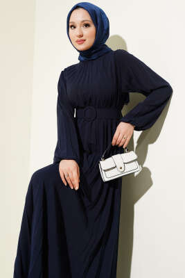 Piliseli Kemerli Ayrobin Elbise Lacivert - Thumbnail