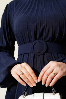 Piliseli Kemerli Ayrobin Elbise Lacivert - Thumbnail