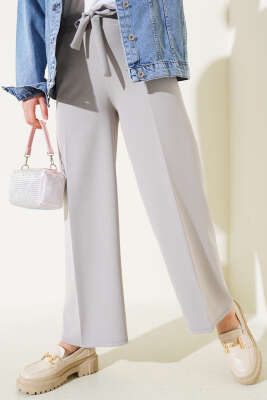 Bel Bağcıklı Rahat Bol Paça Gri Pantolon - Thumbnail