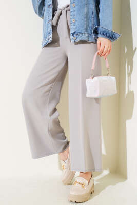 Bel Bağcıklı Rahat Bol Paça Gri Pantolon - Thumbnail