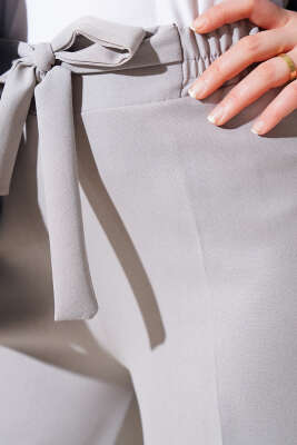 Bel Bağcıklı Rahat Bol Paça Gri Pantolon - Thumbnail