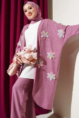 Tül Çiçekli Kimonolu Üçlü Takım Gül Kurusu - Thumbnail