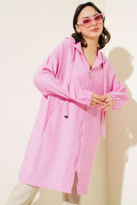 Pazarium - Kapüşonlu Fermuarlı Araboy Kap Pembe