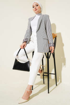 Manşet Detaylı Çizgili Blazer Ceket Beyaz - Thumbnail