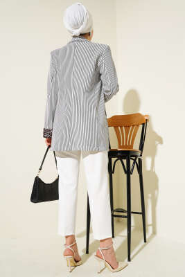 Manşet Detaylı Çizgili Blazer Ceket Beyaz - Thumbnail