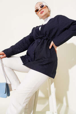 Pazarium - Bel Tünelli Kapitone Ceket Lacivert