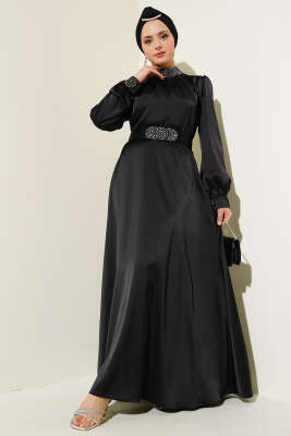 Pazarium - Taş İşlemeli Saten Abiye Elbise Siyah