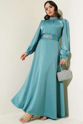 Pazarium - Taş İşlemeli Saten Abiye Elbise Mint
