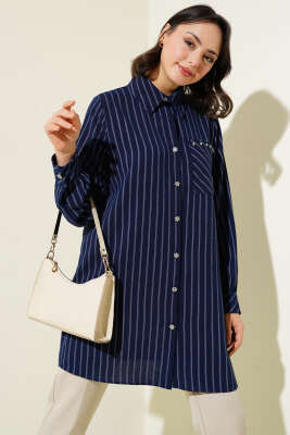 Pazarium - Cep Taşlı Çizgili Gömlek Lacivert