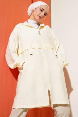 Pazarium - Kapüşonlu Fermuarlı Araboy Kap Ekru