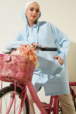 Pazarium - Kapüşonlu Fermuarlı Araboy Kap Buz Mavisi