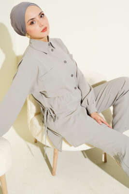Bel Tünelli Bağcıklı Linda İkili Takım Gri - Thumbnail
