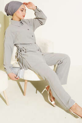 Bel Tünelli Bağcıklı Linda İkili Takım Gri - Thumbnail