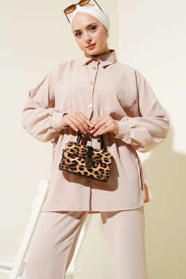 Bel Tünelli Bağcıklı Linda İkili Takım Bej - Thumbnail