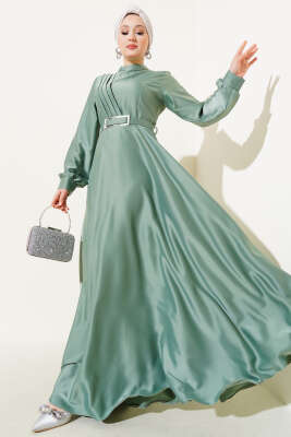 Pazarium - Önü Çapraz Piliseli Saten Elbise Mint