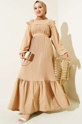 Pazarium - Kuşaklı Pliseli Prenses Elbise Latte