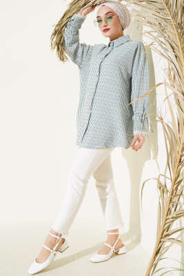 Çizgili Kolu Tünelli Gofre Gömlek Çağla Yeşili - Thumbnail