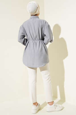 Gizli Düğmeli Balon Kol İp Kuşaklı Gömlek Gri - Thumbnail