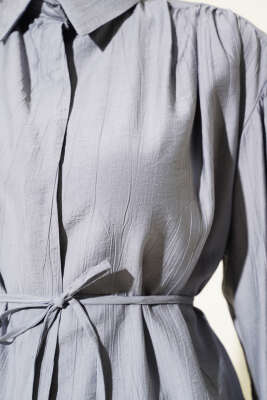 Gizli Düğmeli Balon Kol İp Kuşaklı Gömlek Gri - Thumbnail