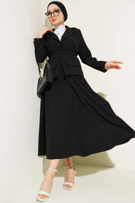 Pazarium - Cep Kapaklı Kemerli Ceket Etek Takım Siyah