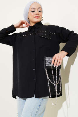 Pazarium - Cep Kapaklı Metal Detaylı Gömlek Siyah