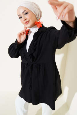 Pazarium - Fırfırlı Bileği Lastikli Kimono Siyah