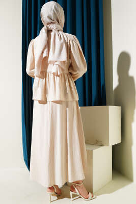 Yarım Düğmeli Bağcıklı Etekli İkili Takım Bej - Thumbnail